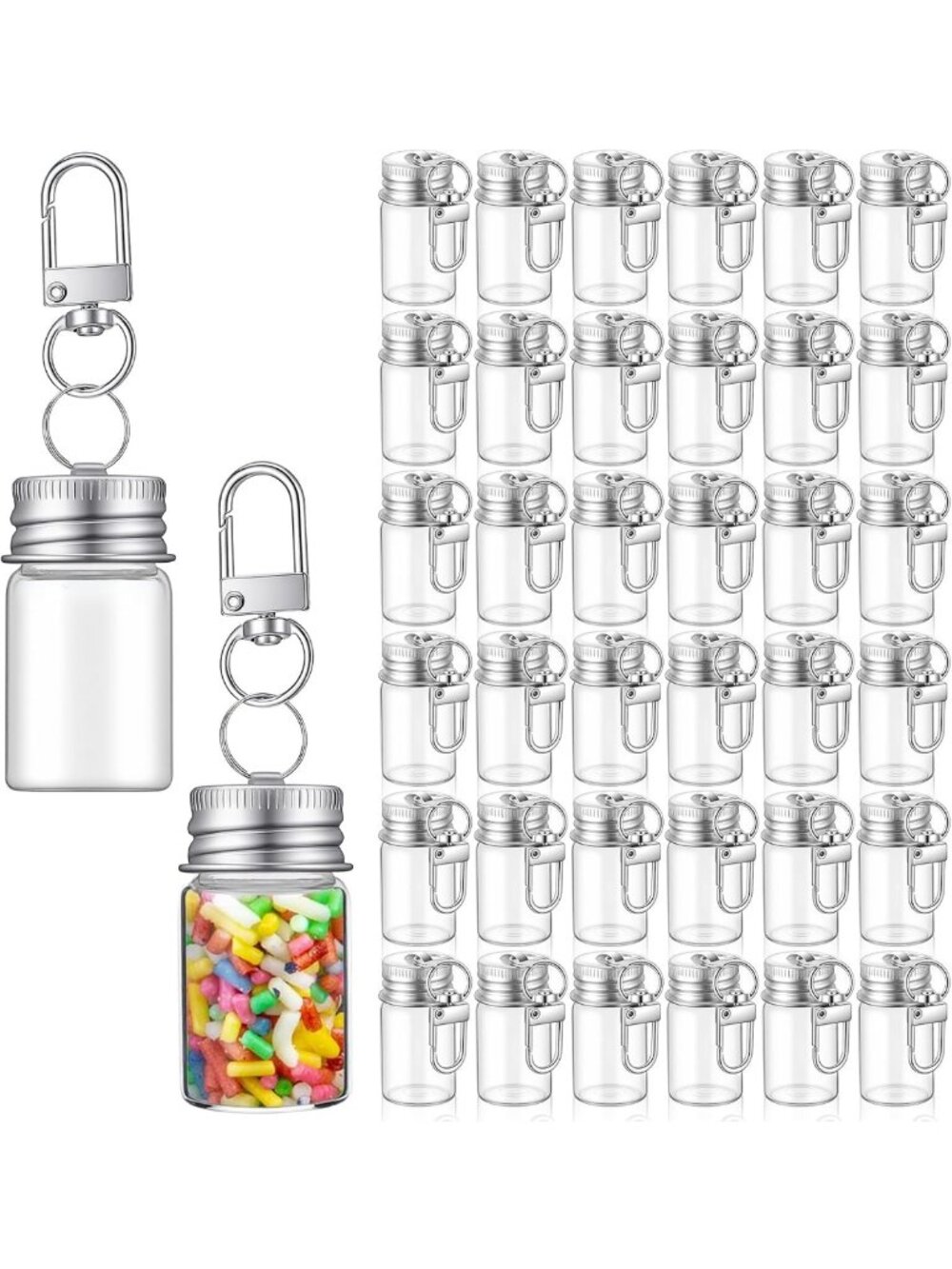 36 Pcs Mini Glass Keychain Bottles with Aluminum Lids for DIY Crafts & Gifts